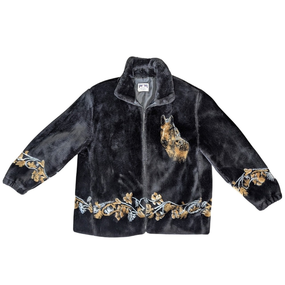90s‎ Vintage Polar Magic Horse Girl Black XL Statement Fleece Warm Zip Up Jacket